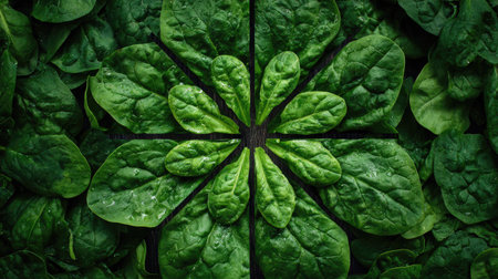 Overhead shot of fresh spinach leaves fanned out in radial symmetryの素材