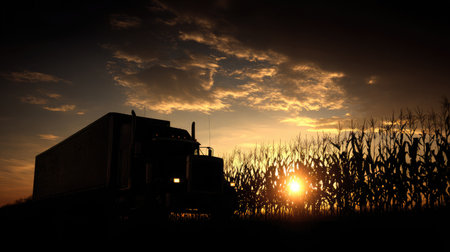 Silhouette of a tractor trailer beside tall corn rows at sunset with golden lightの素材