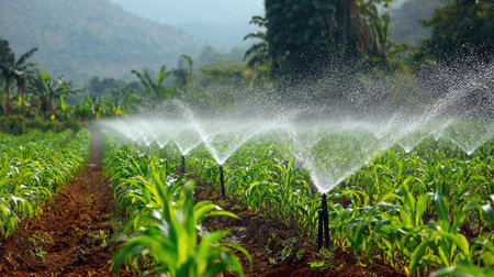 Organic corn fields under sustainable irrigation system with water gently sprayingの素材