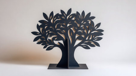Small tree silhouette in black cut from cardboard and standing upright on whiteの素材