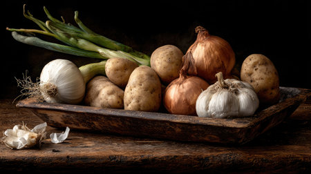 Potatoes, onions, and garlic displayed in a rustic farm-to-table arrangementの素材