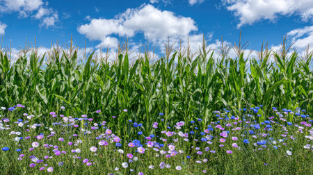 Organic corn crop surrounded by wildflowers on the edge of a family farmの素材