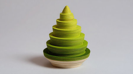 Simplified conical tree figure made of layered green disks standing on whiteの素材
