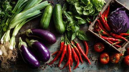 Overhead composition of market vegetables with greens, reds, and purplesの素材