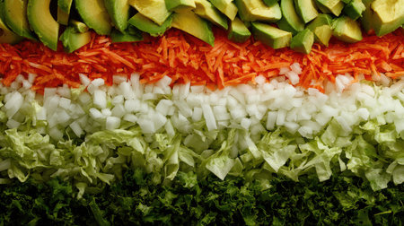 Overhead shot of chopped salad ingredients in rows ready for mixingの素材