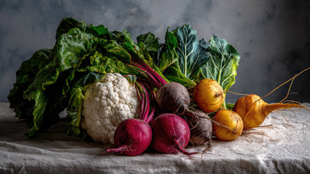 Organic vegetables grouped by color on a neutral canvas for harmony and balanceの素材