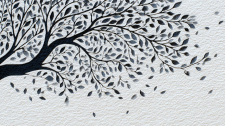 Paper-cut tree silhouette with detailed leaves lying flat on white textured paperの素材