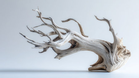 Natural driftwood arranged in the shape of a tree, isolated on white backdropの素材