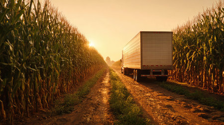 Silhouette of a tractor trailer beside tall corn rows at sunset with golden lightの素材