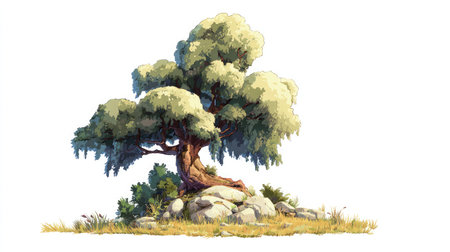 Round-top cartoon tree with trunk shadow placed in the center of a white canvasの素材