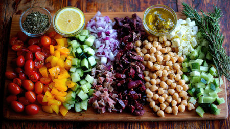 Overhead shot of chopped salad ingredients in rows ready for mixingの素材