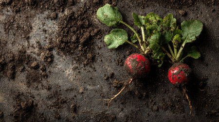 Radishes with soil still on roots laid across a textured background for organic lookの素材