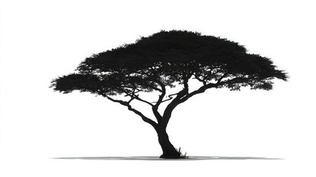 Silhouette of a tree with a single thick trunk and round canopy in center of a white backgroundの素材