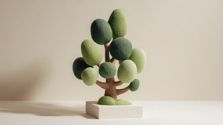 Playful foam tree with cartoon proportions and smooth finish centered on a white baseの素材