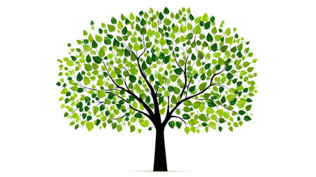 Simplified round tree icon with stylized leaves rendered in soft green tones on whiteの素材