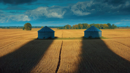 Silos casting long shadows across the fields of ripe corn in the late afternoonの素材