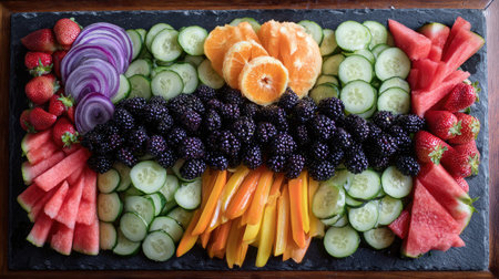 Top view of a colorful veggie platter arranged for a summer picnicの素材