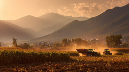 Tractors harvesting corn across golden fields with dust trails rising behind the machinesの素材