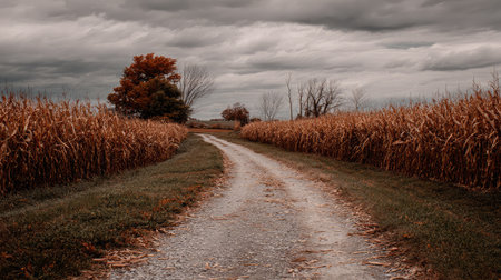 Trail of corn husks and debris leading down a narrow farm road between fieldsの素材
