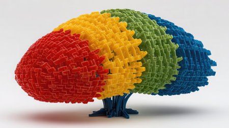 Small tree model made of colorful plastic segments connected in layered shape on whiteの素材