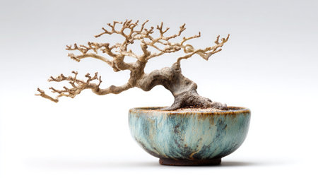 Single small bonsai tree with intricate branches in a pot isolated on clean white backgroundの素材