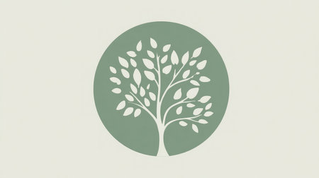 Simplified round tree icon with stylized leaves rendered in soft green tones on whiteの素材