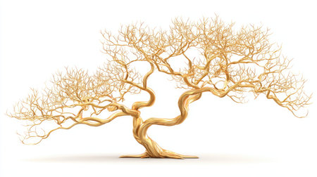 Stylized small oak tree shape with curved branches and no leaves on plain whiteの素材