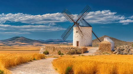 Windmill standing tall next to golden cornfields under a rural blue skyの素材