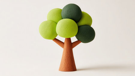Small D foam tree with matte green top and brown trunk standing on whiteの素材