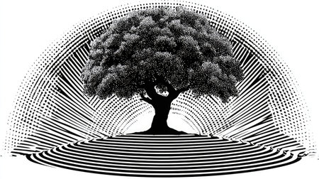 Simplistic line-drawing style tree symbol with circular canopy isolated on whiteの素材