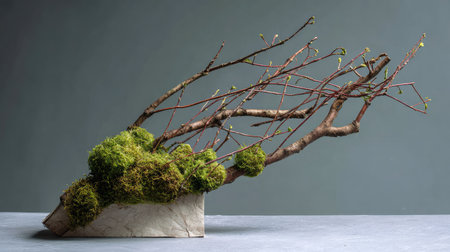 Small tree shape made from real twigs and moss arranged on a white paper baseの素材