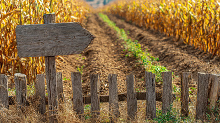 Rustic wooden sign marking corn farm entrance with rows visible behindの素材