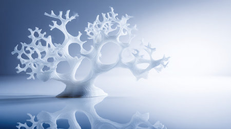 Tiny D-printed tree shape standing on a reflective white surfaceの素材