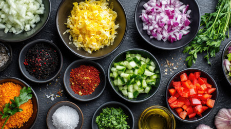 Top-down view of colorful soup ingredients with chopped vegetables and herbsの素材