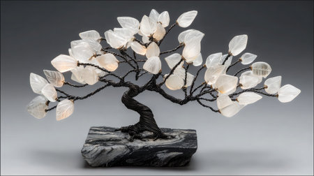 Small tree sculpture with translucent glass leaves and black trunk on whiteの素材