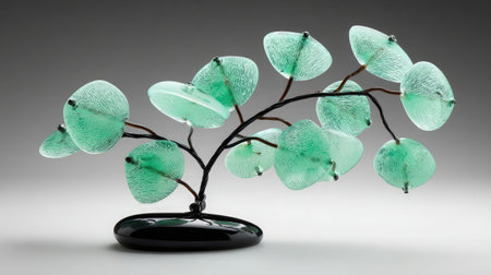 Small tree sculpture with translucent glass leaves and black trunk on whiteの素材