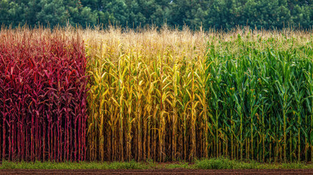 Vibrant rows of multi-colored corn varieties growing side by side under full sunの素材
