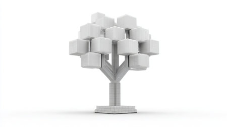 Simplified geometric tree icon made of cubes and cylinders rendered on whiteの素材
