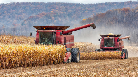 Tractors harvesting corn across golden fields with dust trails rising behind the machinesの素材