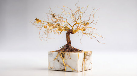 Small abstract tree sculpture in metallic finish placed on a white backgroundの素材