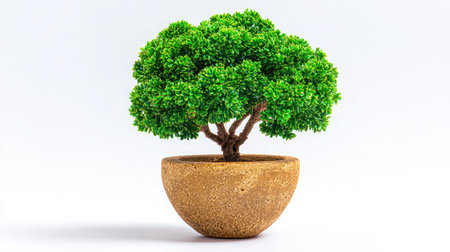 Tiny potted tree with symmetrical leafy crown isolated on seamless white studio backgroundの素材