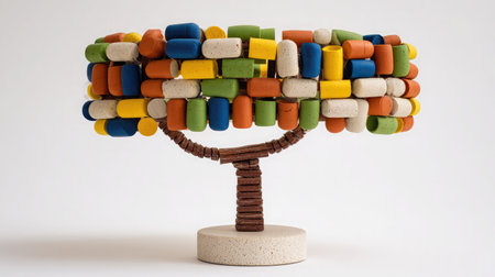 Small tree model made of colorful plastic segments connected in layered shape on whiteの素材