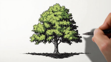 Round-top cartoon tree with trunk shadow placed in the center of a white canvasの素材