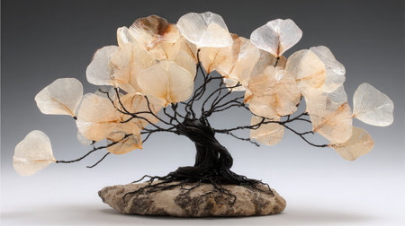 Small tree sculpture with translucent glass leaves and black trunk on whiteの素材