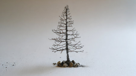 Small stylized tree shape made of metal rods shown upright on clean white groundの素材