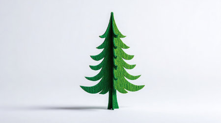 Small pine-shaped tree cutout from craft foam standing upright on white surfaceの素材
