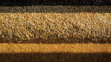Top view of corn kernels piled inside a tractor bed, with golden textures under lightの素材