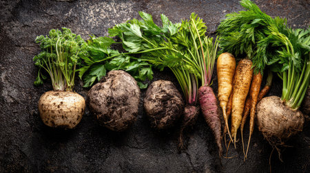 Variety of fresh herbs with root vegetables on a dark textured backdropの素材