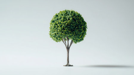Tiny artificial shrub trimmed in the shape of a tree, standing alone on white backgroundの素材