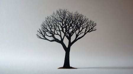 Small tree silhouette in black cut from cardboard and standing upright on whiteの素材